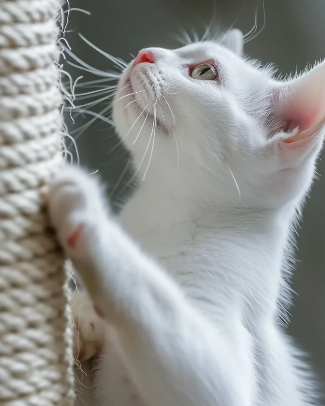 Gato branco de pelo curto esticado em um poste de sisal, olhando para cima