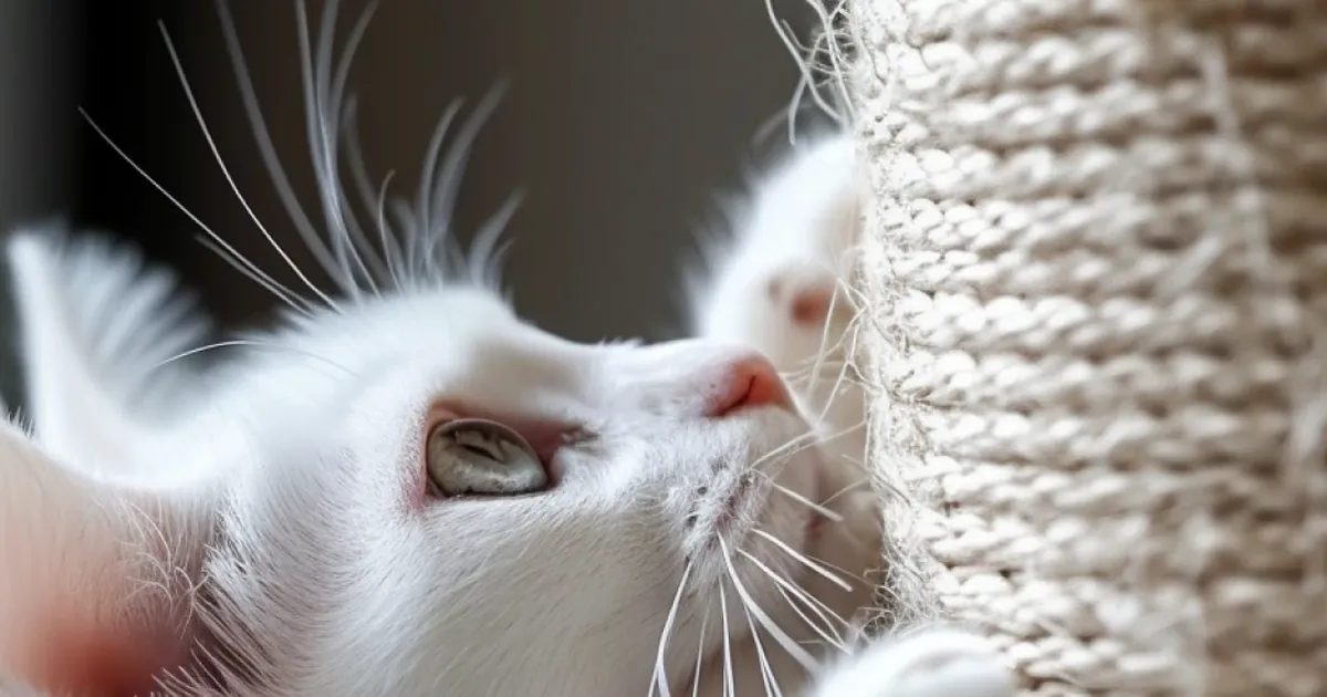 Gato branco de focinho rosado olhando para cima, apoiado em um poste de sisal