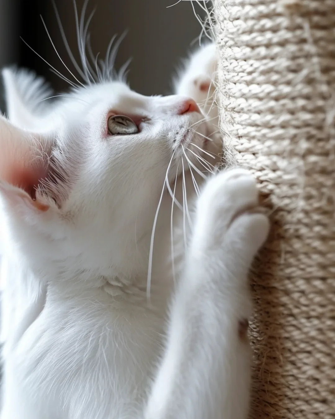 Gato branco com as patas apoiadas em um poste de sisal e o rosto voltado para cima