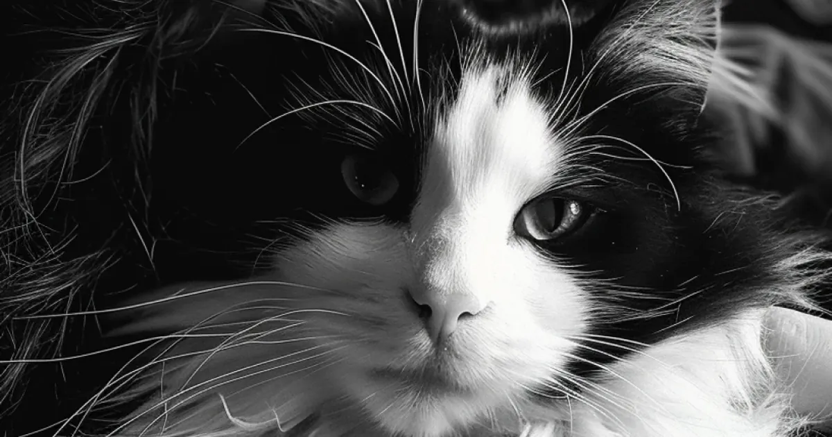 Rosto de um gato frajola em preto e branco, com o focinho branco e as orelhas pretas