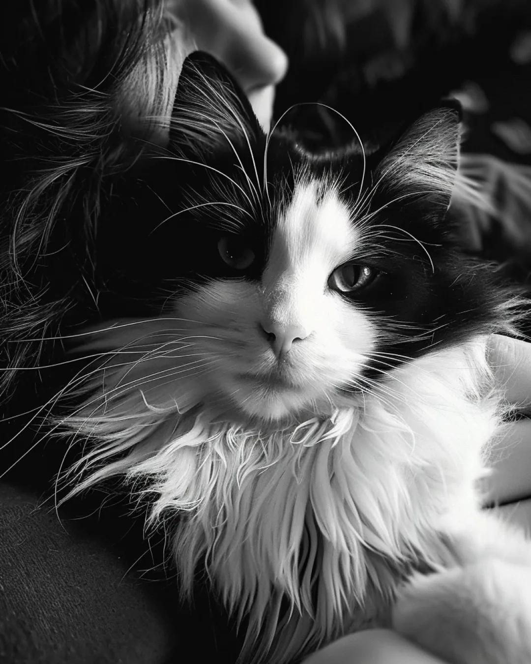 Gato frajola de pelo longo, preto com focinho e peito brancos, em foto em preto e branco, aninhado no colo de uma pessoa