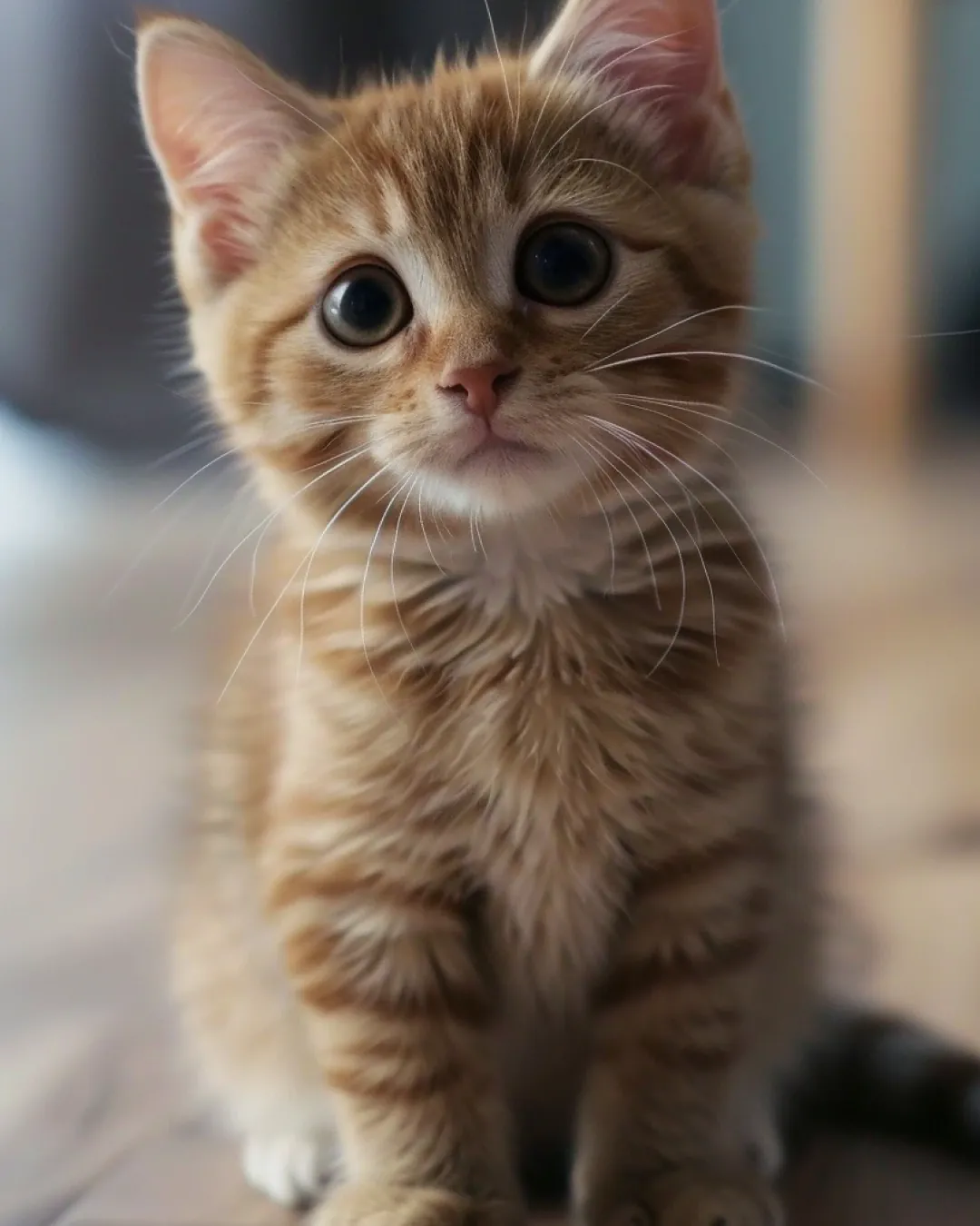 Filhote de gato laranja com listras nas pernas e na cabeça sentado no chão