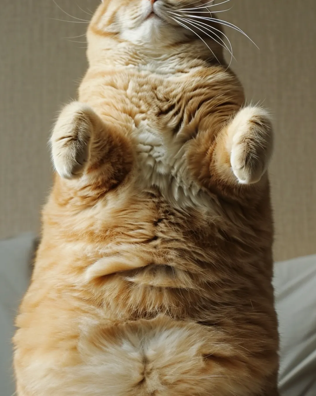 Gato laranja acima do peso sentado de barriga para cima, com as patas dianteiras erguidas