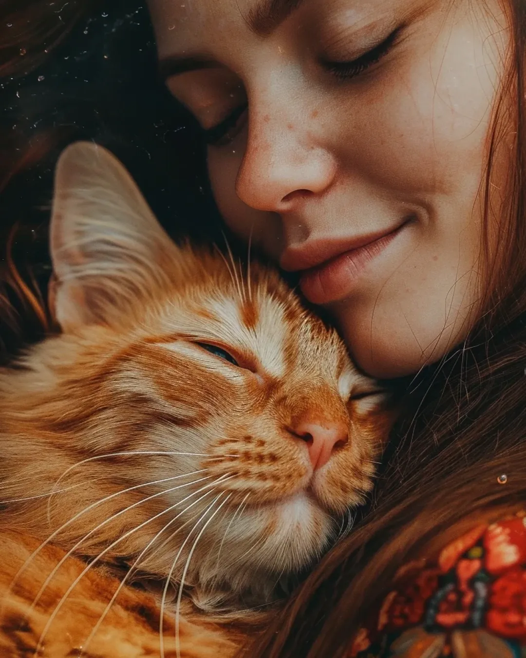 Gato laranja de olhos fechados encostado no rosto da tutora