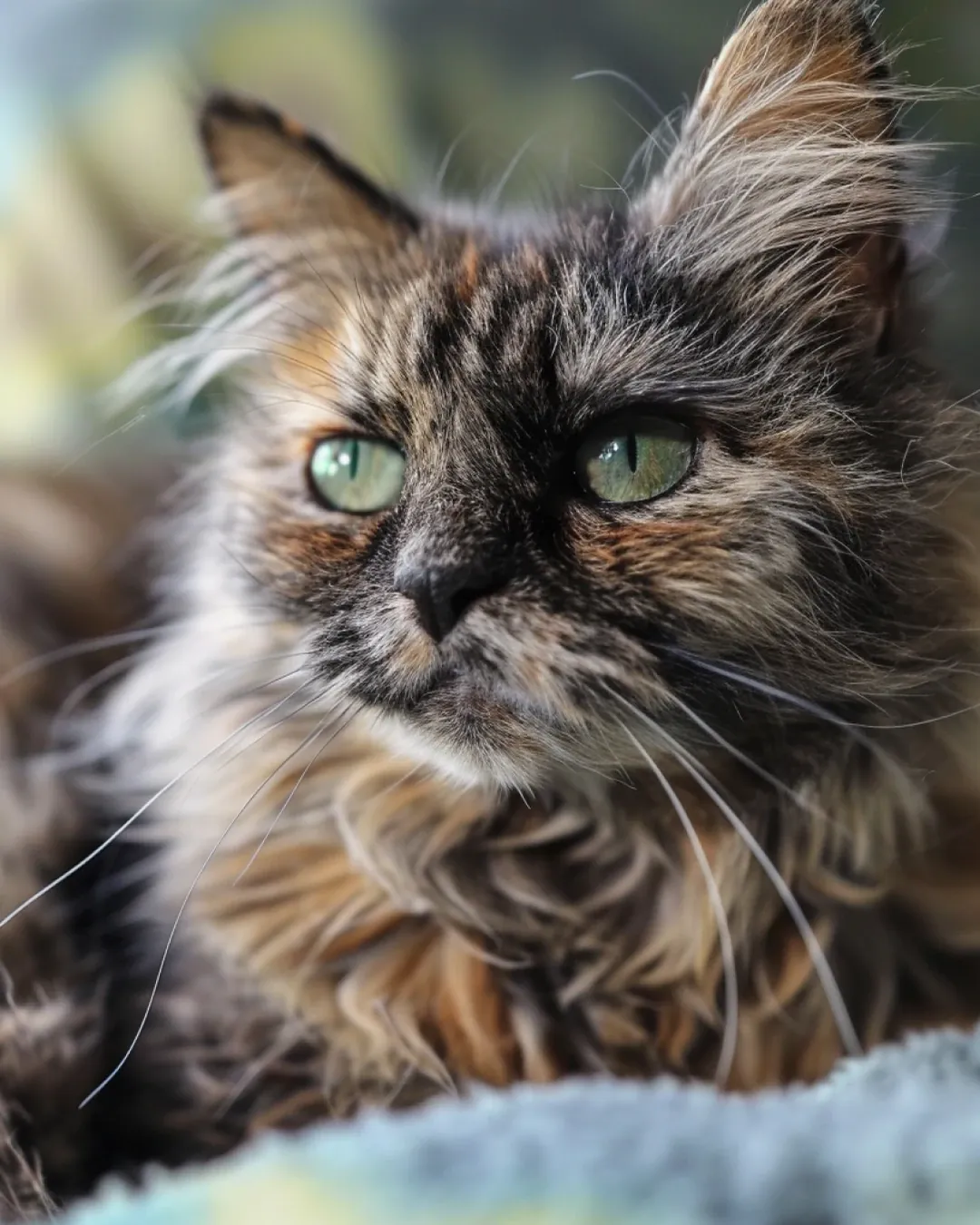 Gata escaminha com pelagem marrom, preta e laranja misturada