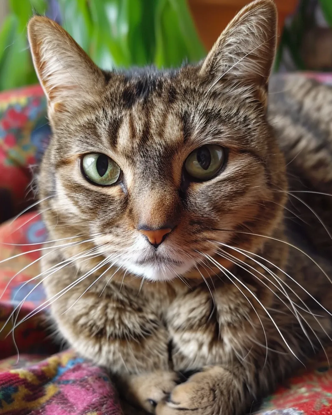 Gato pardo adulto deitado sobre uma manta colorida