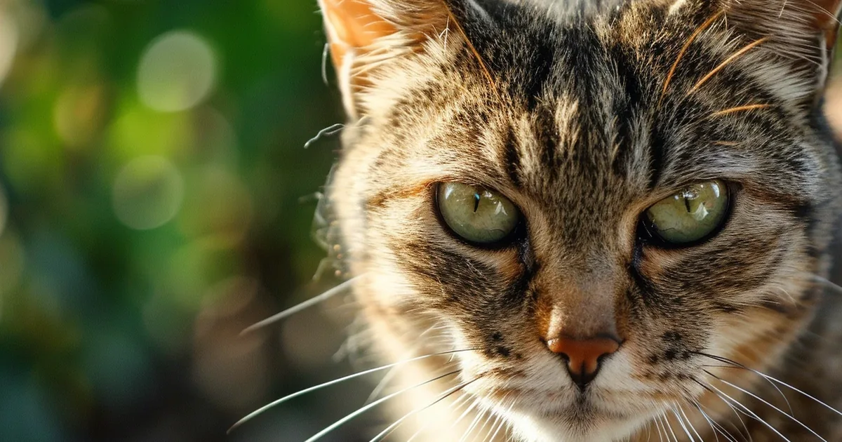 Gato pardo tigrado com listras escuras e olhos verdes olhando para a câmera