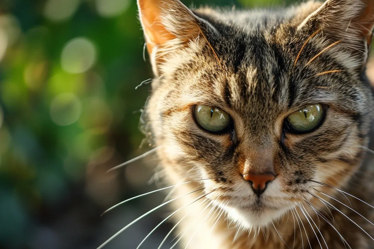 Gato pardo tigrado com listras escuras, M na testa e olhos verdes