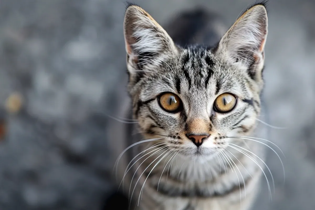 Gato tigrado cinza com listras finas na cabeça e no peito